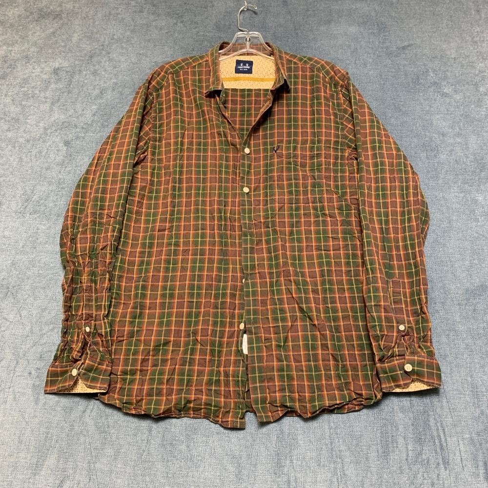 Allen Solly Shirt Mens 42 Orange Green Checked Cotton Sport Fit Casual Button Up